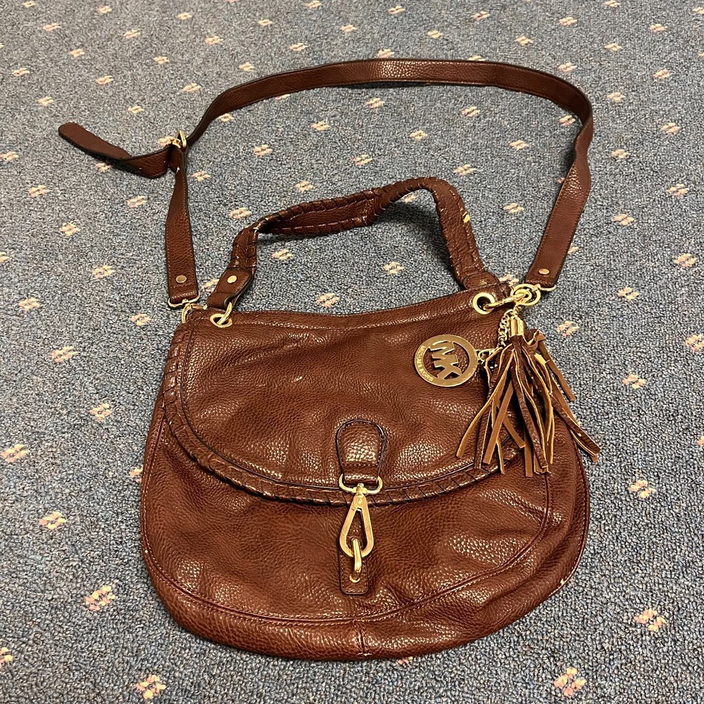 Michael Kors Brown Leather Flap Top Brown Crossbody Shoulder Bag Tassel Clip